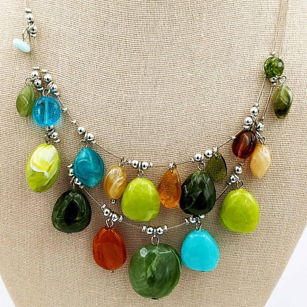 Double Tier Necklace w Dangles Silver Tone 16"+3" Extender Green Turquoise Brown
